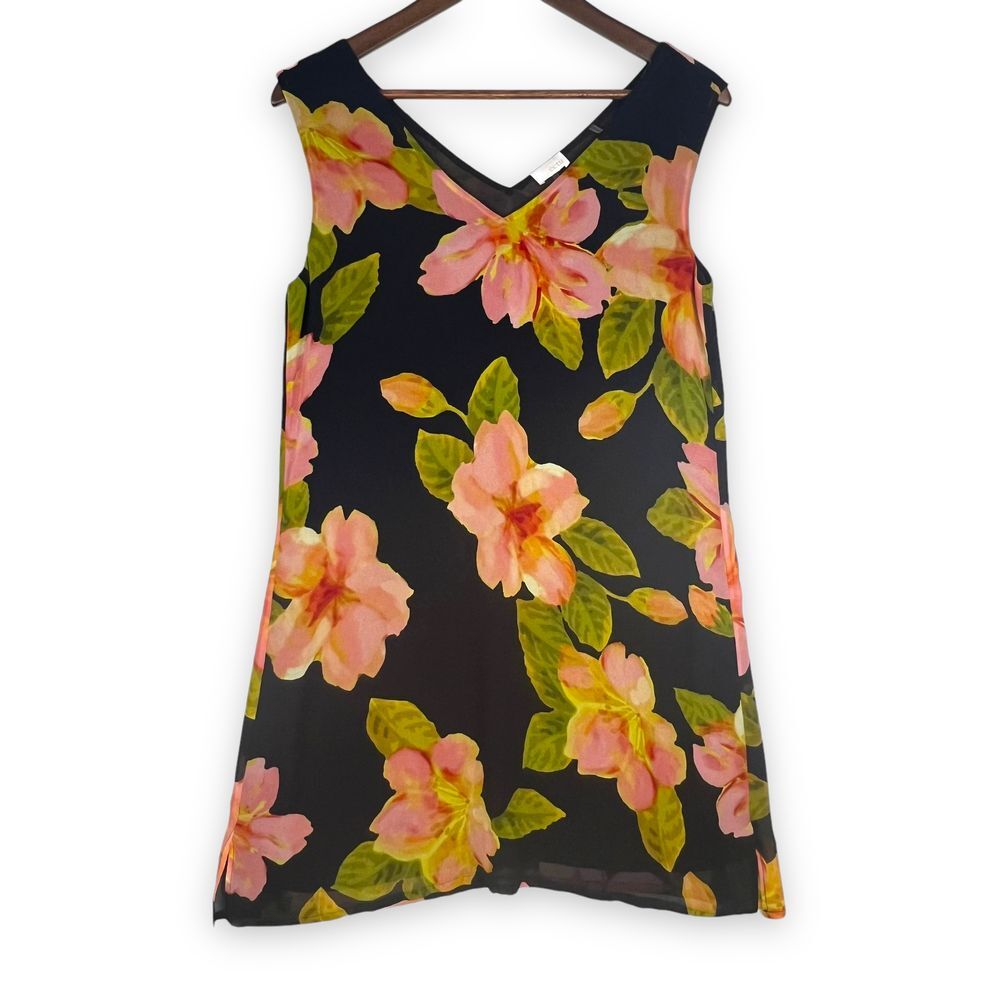 Ecru 100% Silk Black Floral‎ Sleeveless Lined Mini Shift Dress Size S